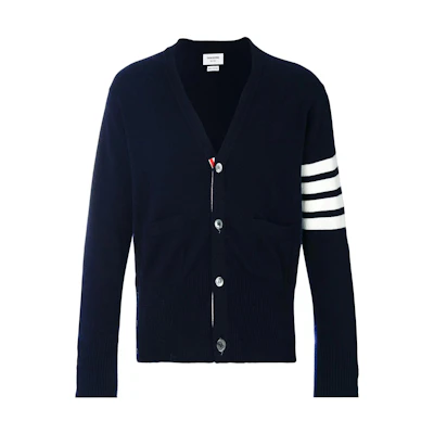 THOM BROWNE Blue Striped V-Neck Cashmere Knit Sweater. MKC001A-00011-415