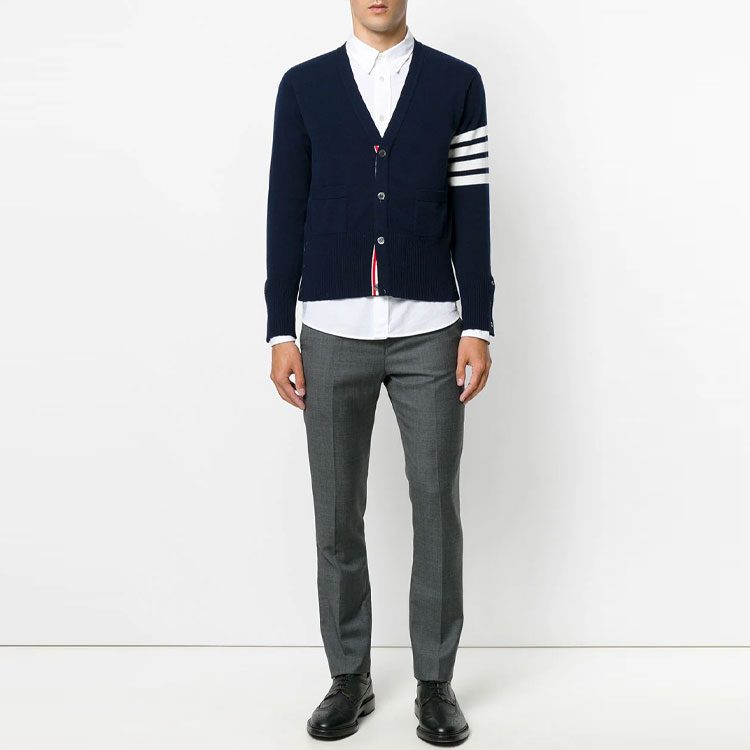 THOM BROWNE  Blue Striped V-Neck Cashmere Knit Sweater. MKC001A-00011-415 圖 3