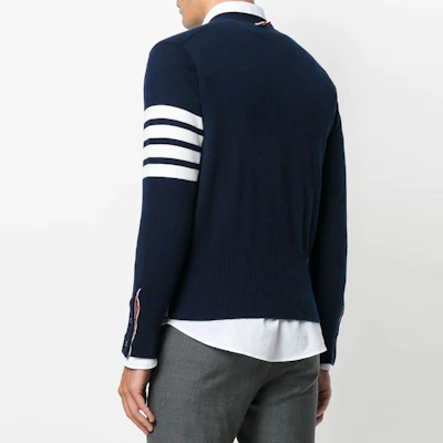 THOM BROWNE Sweter Rajut Cashmere V-Neck Strip Biru. MKC001A-00011-415 Shop THOM BROWNE Sweter Rajut Cashmere V-Neck Strip Biru. MKC001A-00011-415
