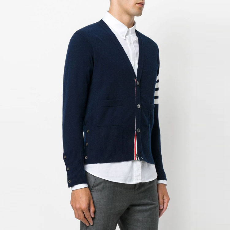 THOM BROWNE  Blue Striped V-Neck Cashmere Knit Sweater. MKC001A-00011-415 圖 5