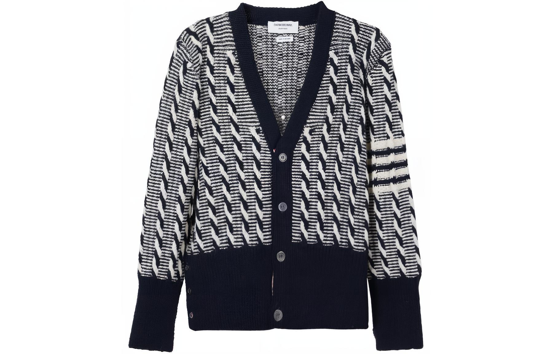 Thom Browne  Blue V-Neck Stripe Print Button-Up Long Sleeve Sweater. MKC486A-Y1506-415