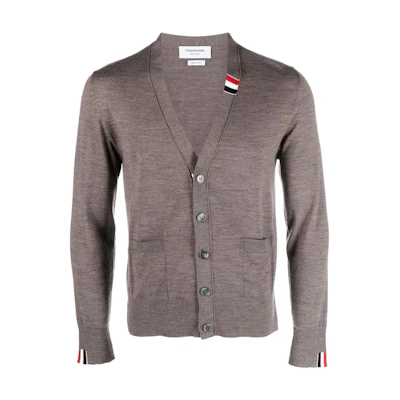 THOM BROWNE Brown Solid V-Neck Knitted Sweater Long Sleeve. MKC489AY1014211