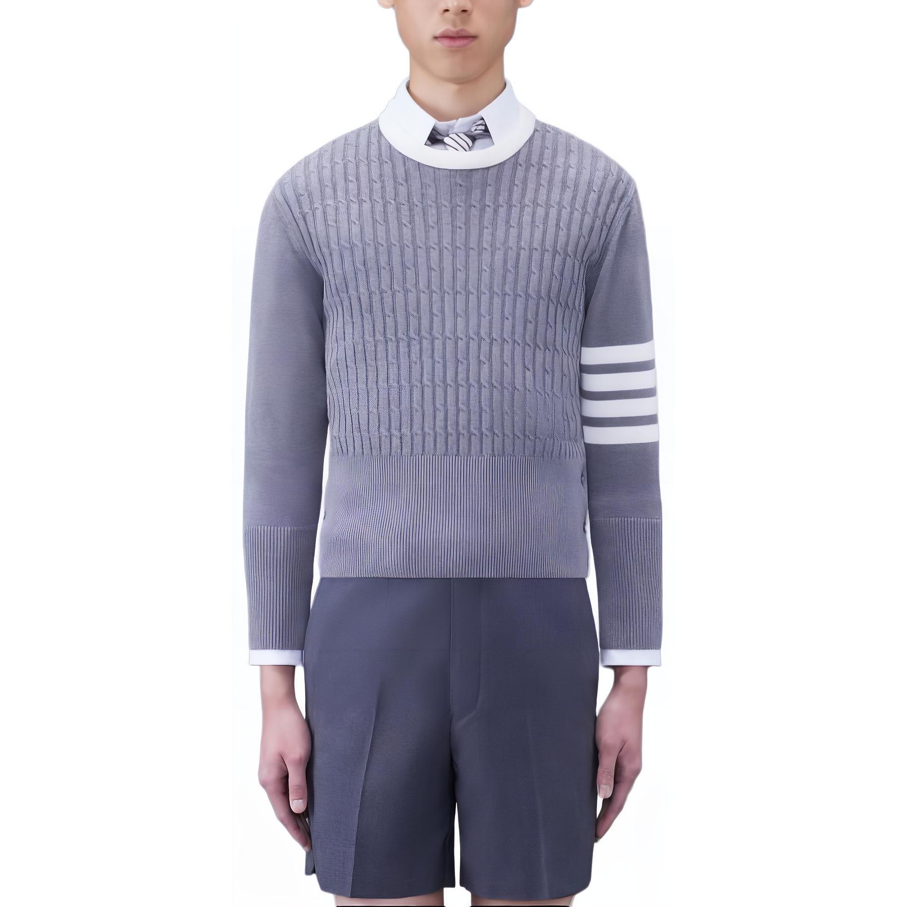 Thom Browne  Casual Striped Knit Pullover Sweater Light Grey. MKA497A-Y3014-055