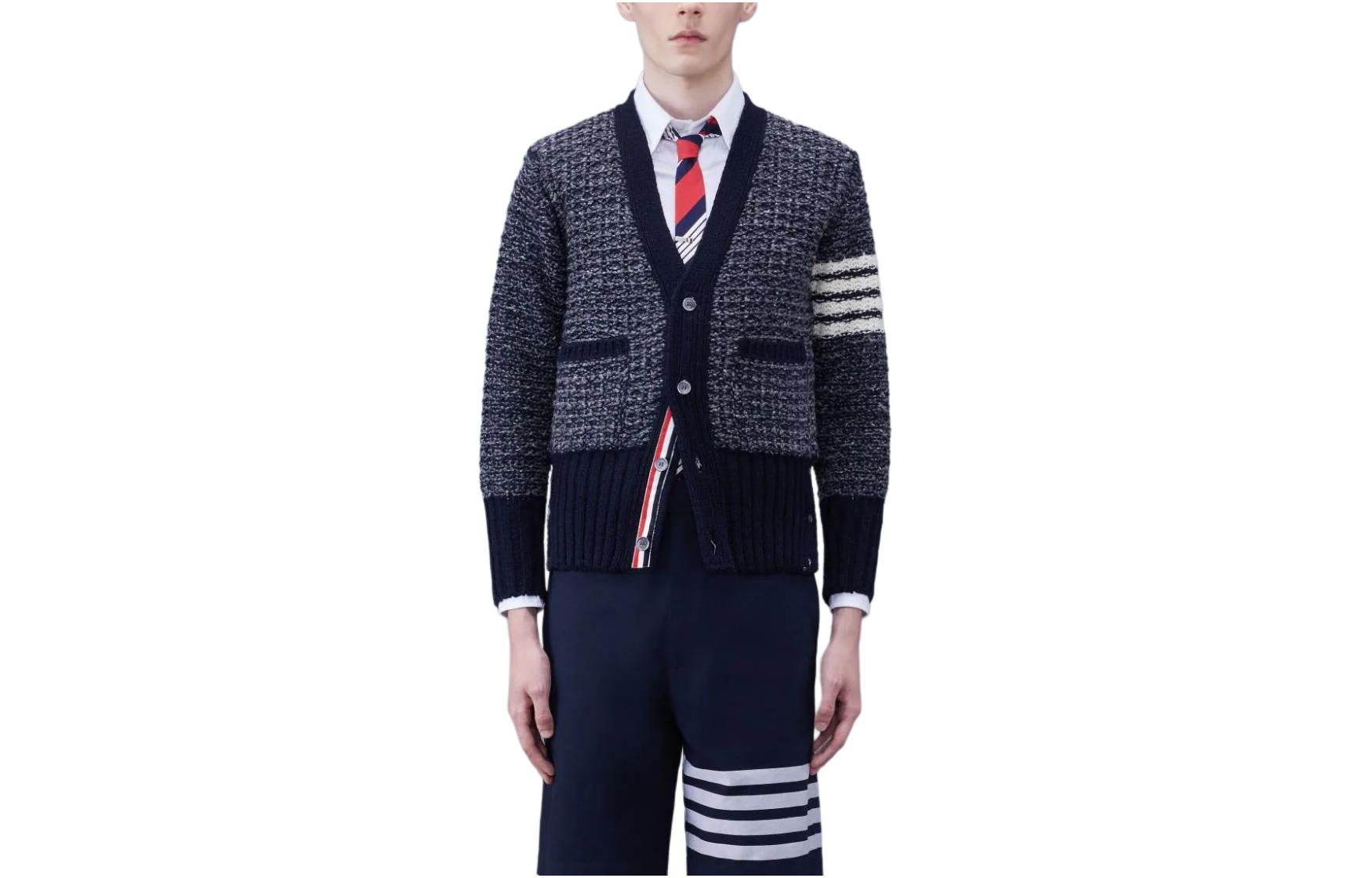 Order 톰 브라운 클래식 4-스트라이프 V넥 모헤어 가디건 네이비 블루 MKC510A-Y1506-415