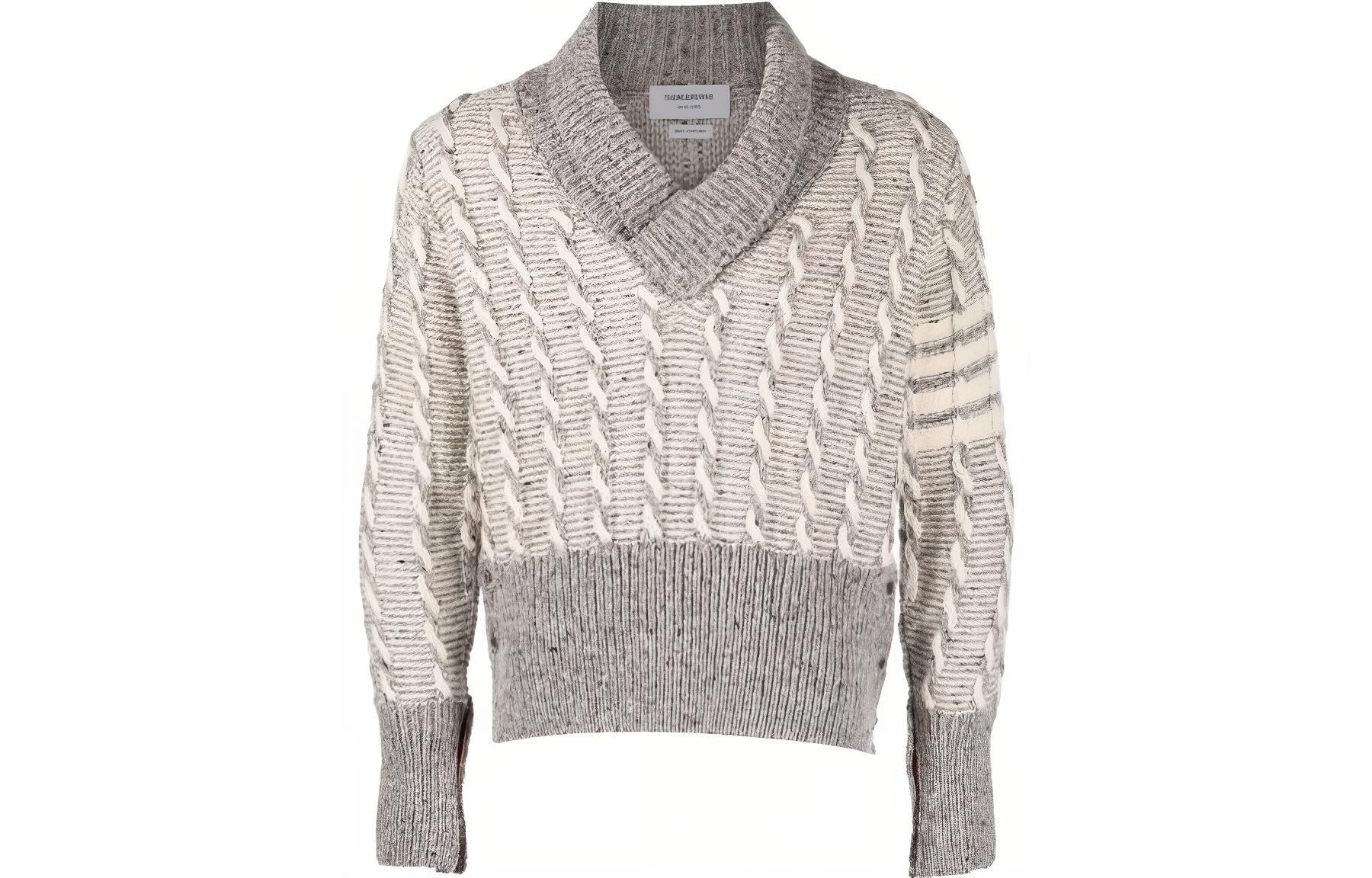 THOM BROWNE  Colorblock V-Neck Knit Sweater Light Grey MKA470A-Y1506-055