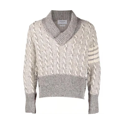 THOM BROWNE Colorblock V-Neck Knit Sweater Light Grey MKA470A-Y1506-055