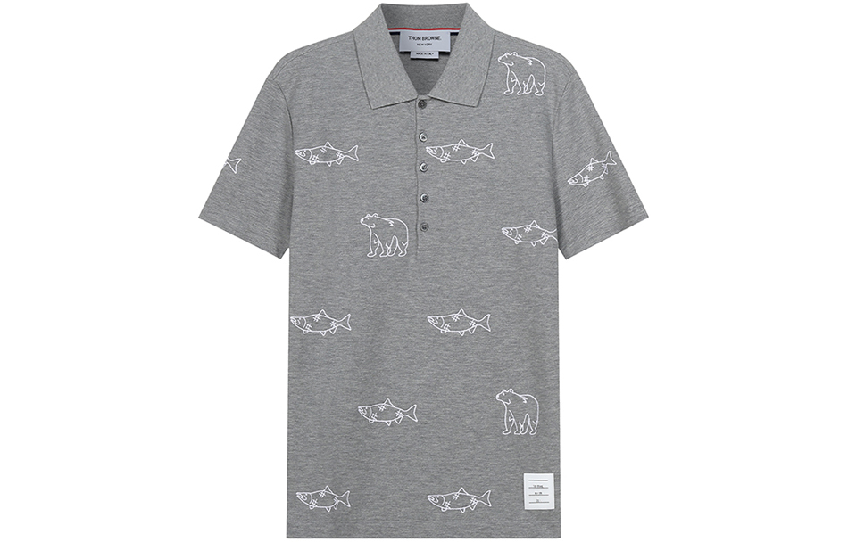 Thom Browne  Cotton Short-Sleeve Polo Shirt with Fish and Bear Embroidery. MJP128E-10029-055