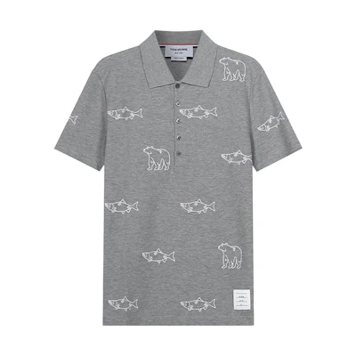 Thom Browne Cotton Short-Sleeve Polo Shirt with Fish and Bear Embroidery. MJP128E-10029-055
