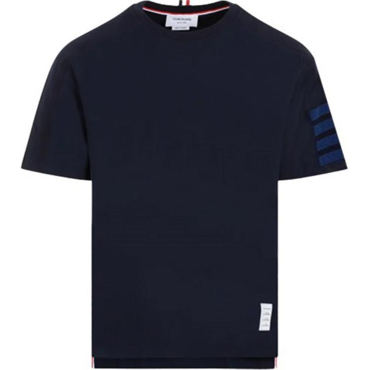 THOM BROWNE  Cotton Striped Short Sleeve T-Shirt Navy Blue MJS246B-07323-415