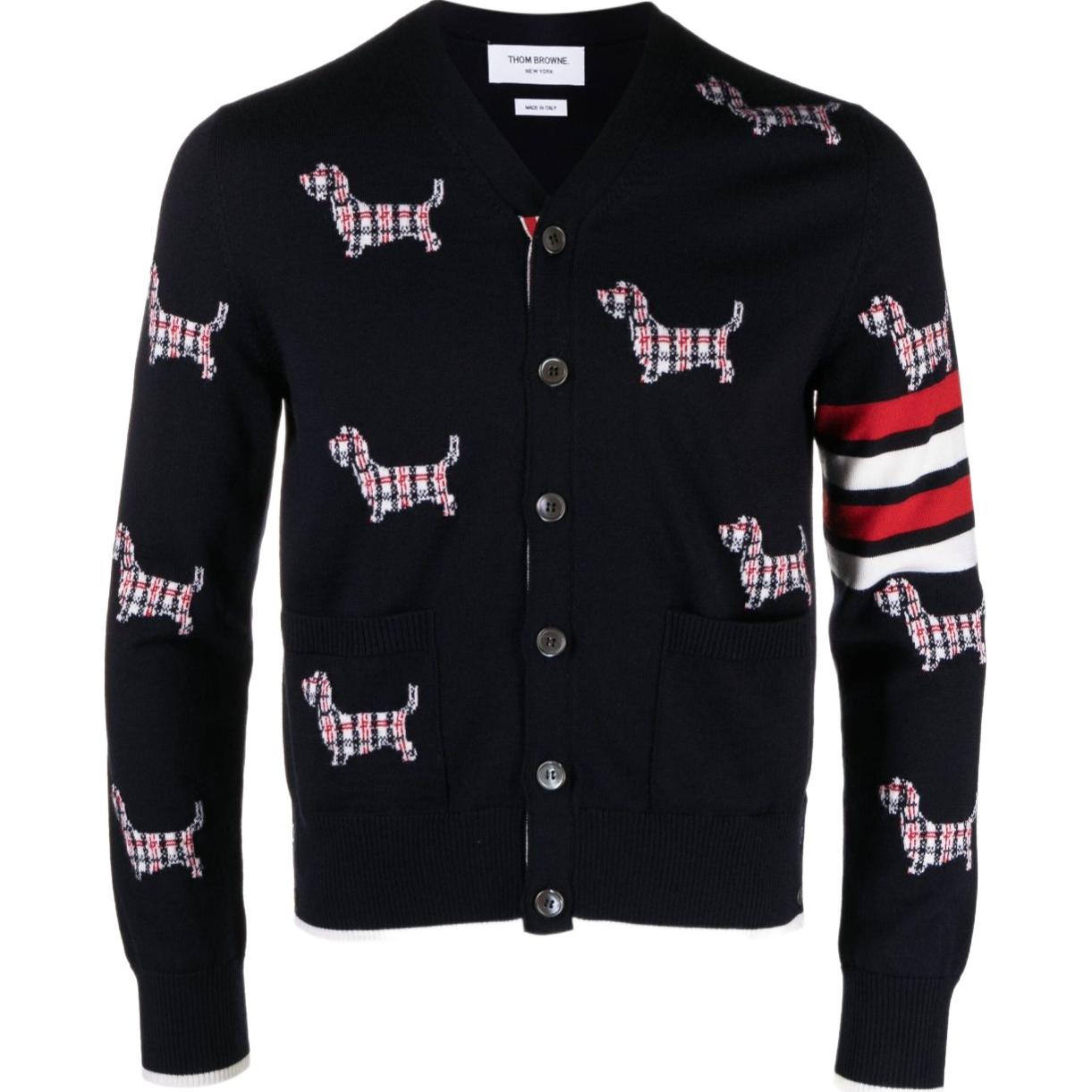 THOM BROWNE  Deep Blue V-Neck Knitted Cardigan with Logo Embroidery. MKC511B-Y1002-415