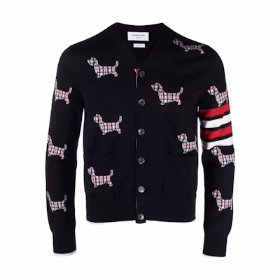 THOM BROWNE Deep Blue V-Neck Knitted Cardigan with Logo Embroidery. MKC511B-Y1002-415