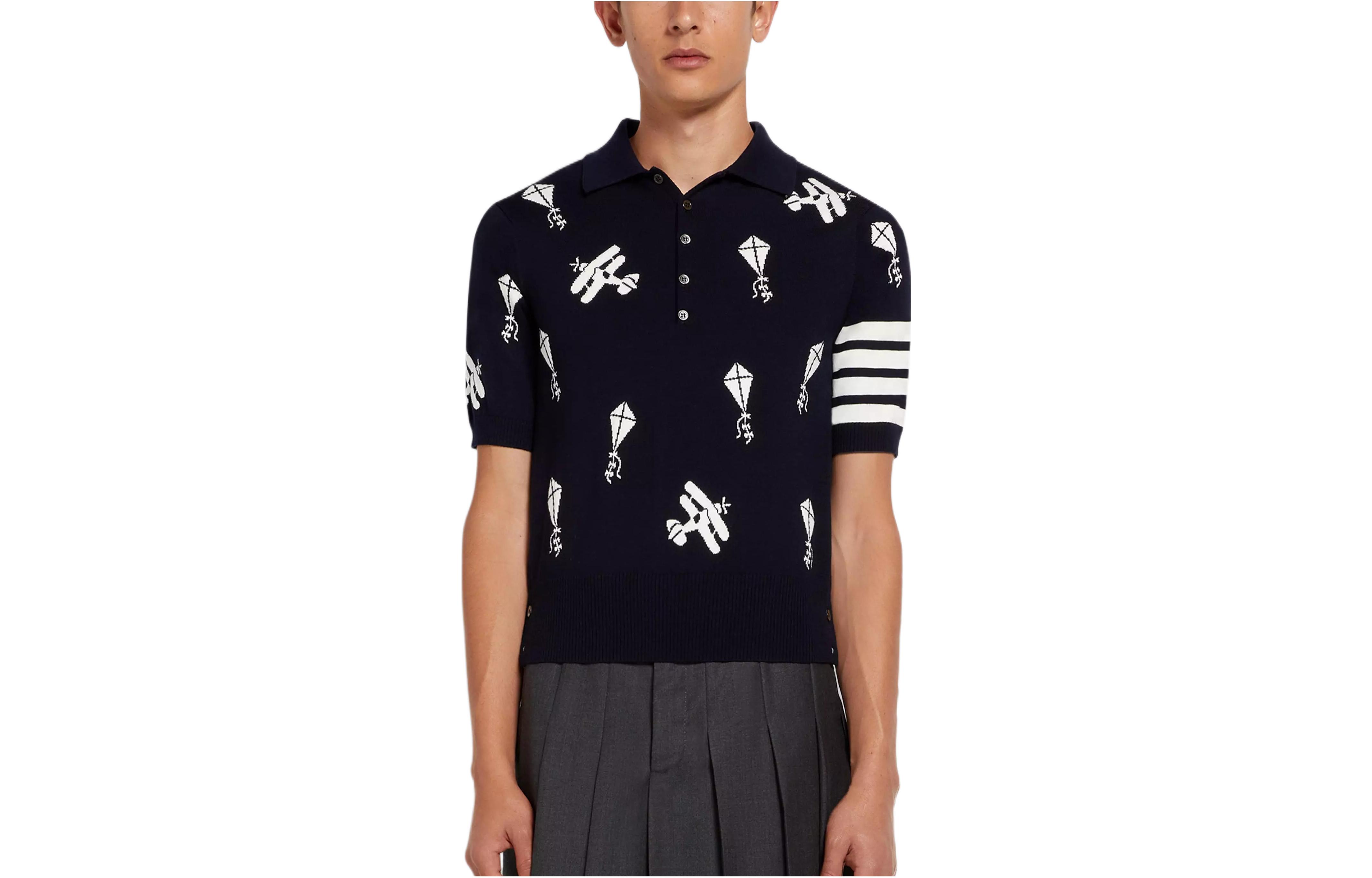 THOM BROWNE  Four-Bar Striped Wool-Blend Short Sleeve Polo Shirt. MKP067A-Y1002-415