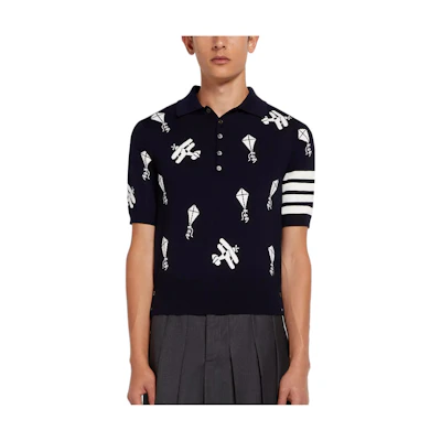THOM BROWNE Four-Bar Striped Wool-Blend Short Sleeve Polo Shirt. MKP067A-Y1002-415