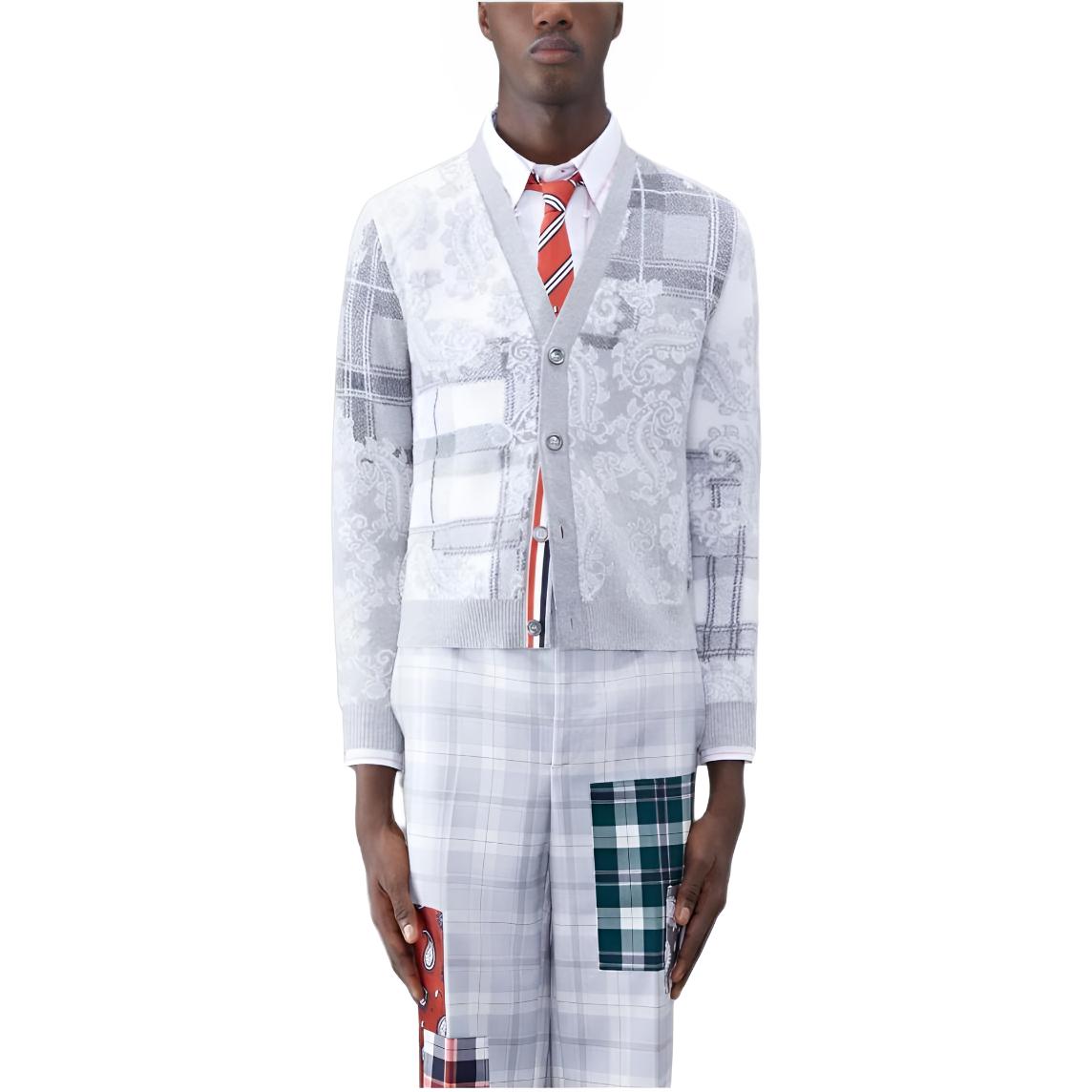 THOM BROWNE  Fun-Mix Tartan Merino V-Neck Cardigan Grey MKC502F-Y1029-982