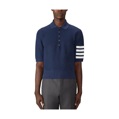 THOM BROWNE FW24 Navy 4-Bar Striped Relaxed Fit Short Sleeve Polo Shirt. MKP125A-Y6011-415