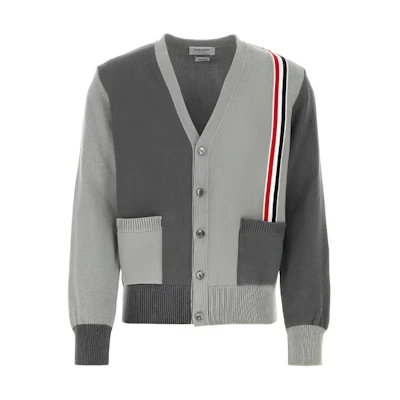 THOM BROWNE Gray Colorblock Button Striped V-Neck Knit Cardigan MKC530F-Y3017-982