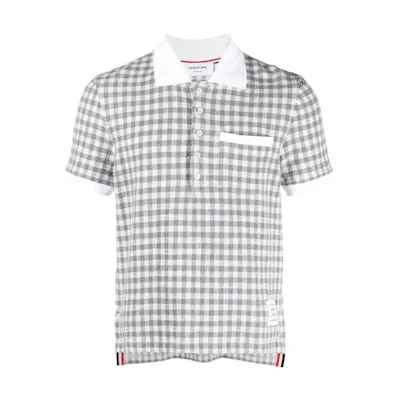 THOM BROWNE Gray Short Sleeve Polo Shirt with Checkered Patch. MJP175A-F0282-035