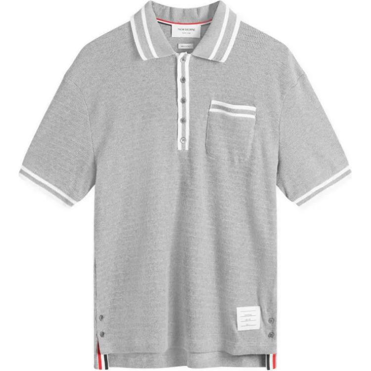 Thom Browne  Gray Striped Chest Pocket Short Sleeve Polo Shirt MJP201A-J0153-055