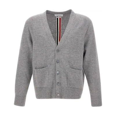 THOM BROWNE Gray V-Neck Striped Knit Cardigan Sweater MKC556A-Y1029-055