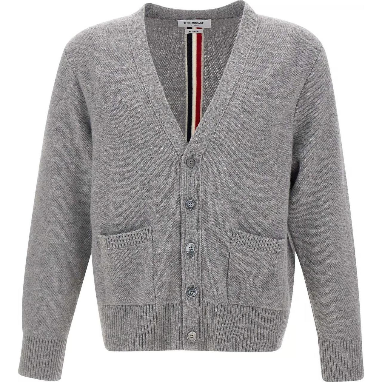 THOM BROWNE  Gray V-Neck Striped Knit Cardigan Sweater MKC556A-Y1029-055 圖 2