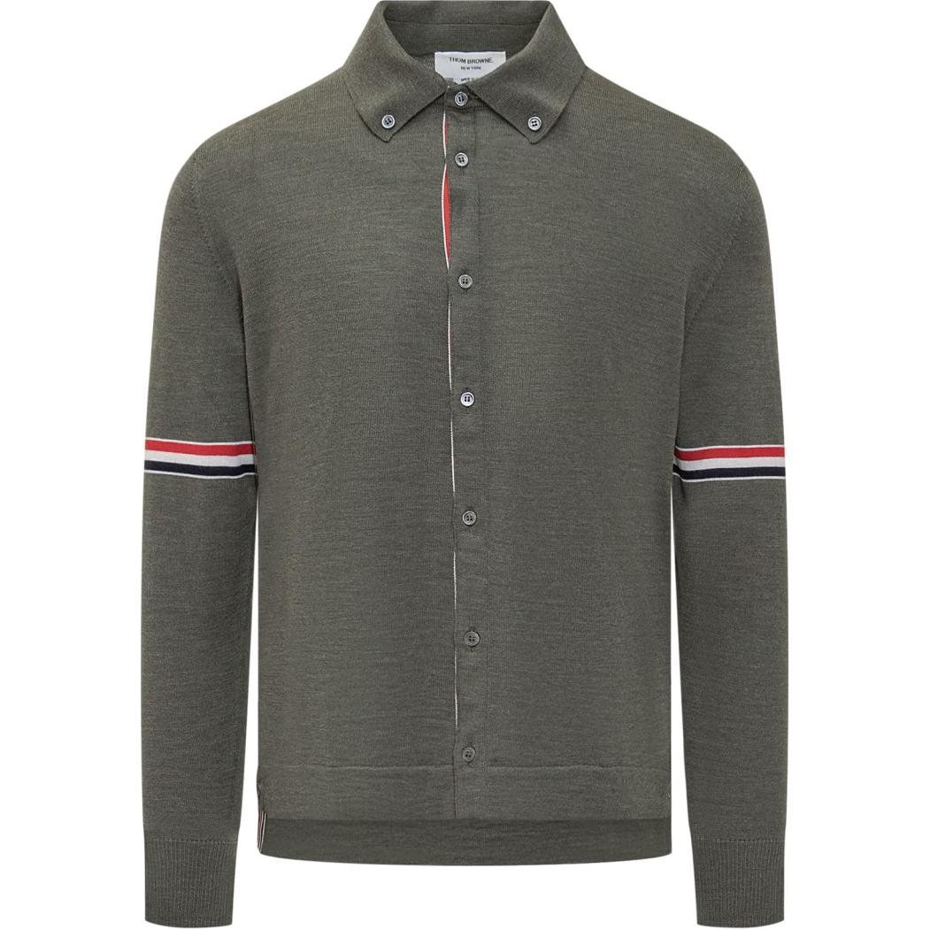 THOM BROWNE  Green Colorblock Stripe Knit Cardigan with Button Closure. MKL005A-Y1002-320