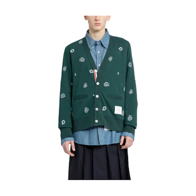THOM BROWNE Green V-Neck Embroidered Pattern Knit Cardigan. MJT402E-J0089-320