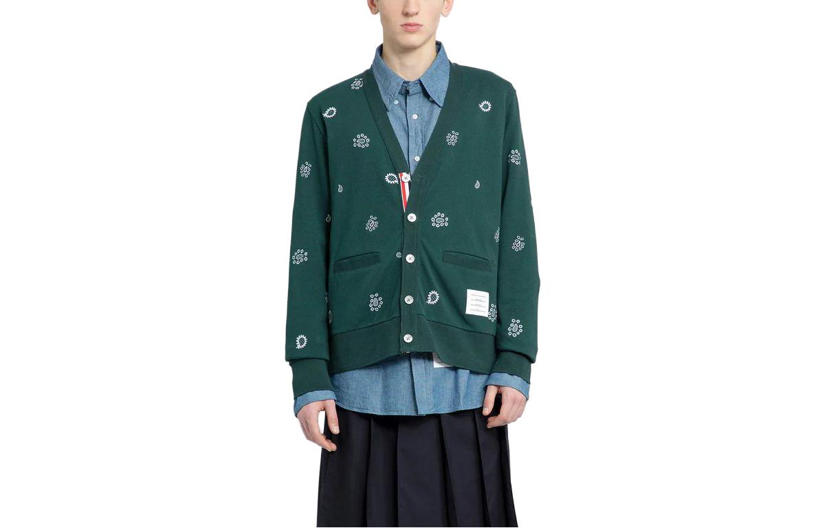 Order トム・ブラウン グリーン Vネック 刺繍柄 ニットカーディガン MJT402E-J0089-320