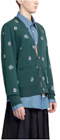 Shop THOM BROWNE Green V-Neck Embroidered Pattern Knit Cardigan. MJT402E-J0089-320