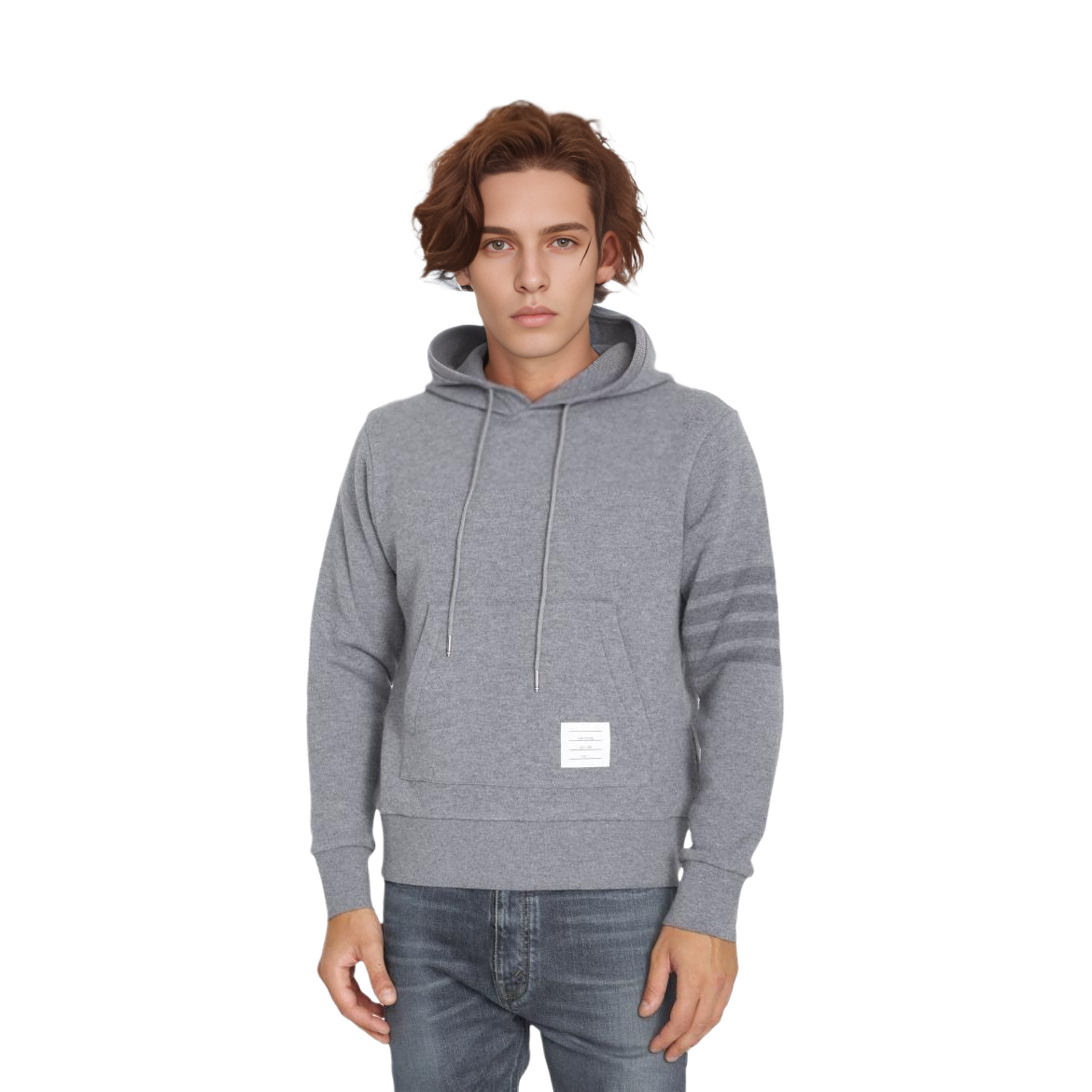 Lookbook Thom Browne 灰色經典4條紋口袋連帽上衣。 MJT390AJ0088055