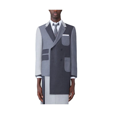 THOM BROWNE Grey Color-Block Irregular Collar Long Sleeve Button Coat MJC384F-00626-025