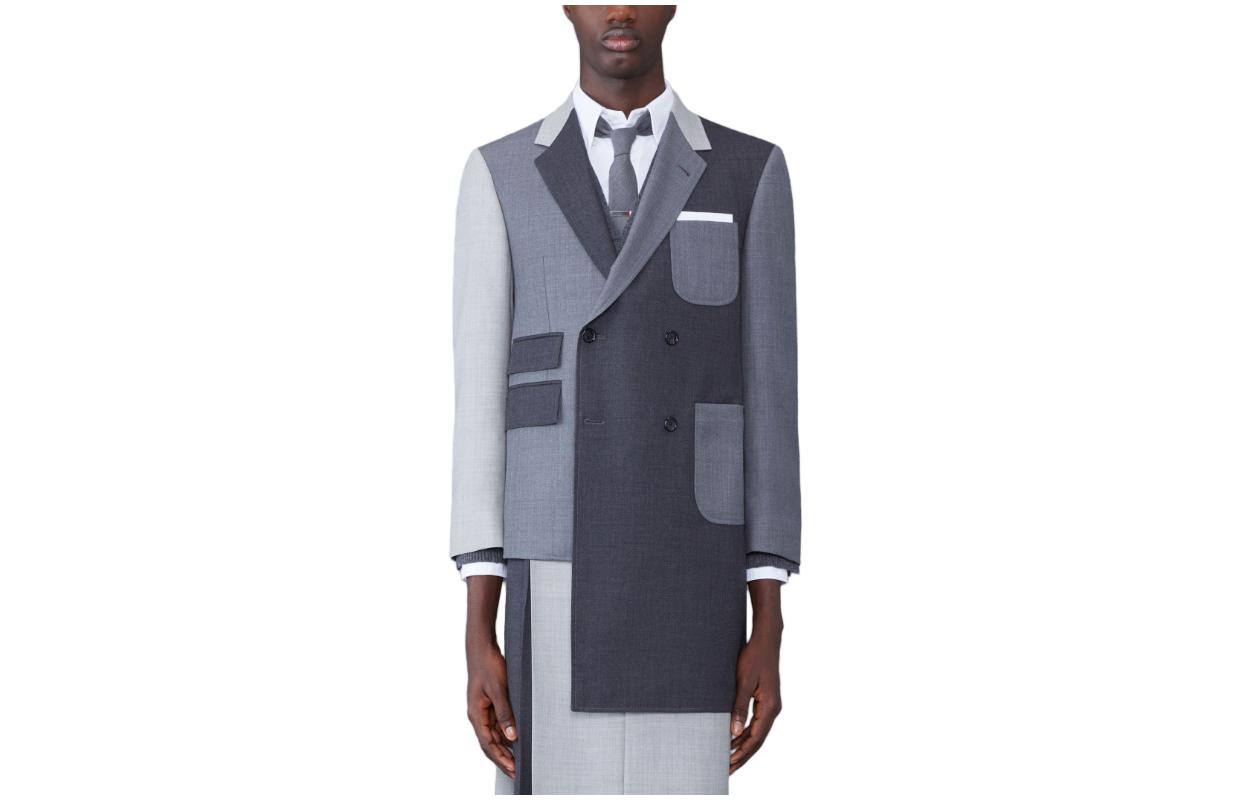 Order THOM BROWNE Jas Lengan Panjang Abu-abu Color-Block dengan Kerah Unik MJC384F-00626-025