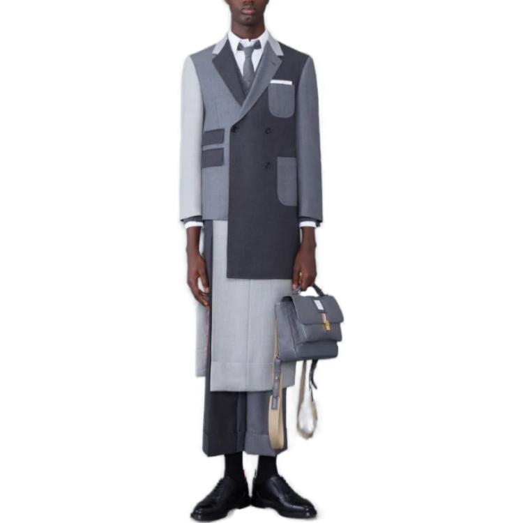 Shop THOM BROWNE Jas Lengan Panjang Abu-abu Color-Block dengan Kerah Unik MJC384F-00626-025