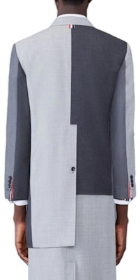 THOM BROWNE Grey Color-Block Irregular Collar Long Sleeve Button Coat MJC384F-00626-025 Details for THOM BROWNE Grey Color-Block Irregular Collar Long Sleeve Button Coat MJC384F-00626-025