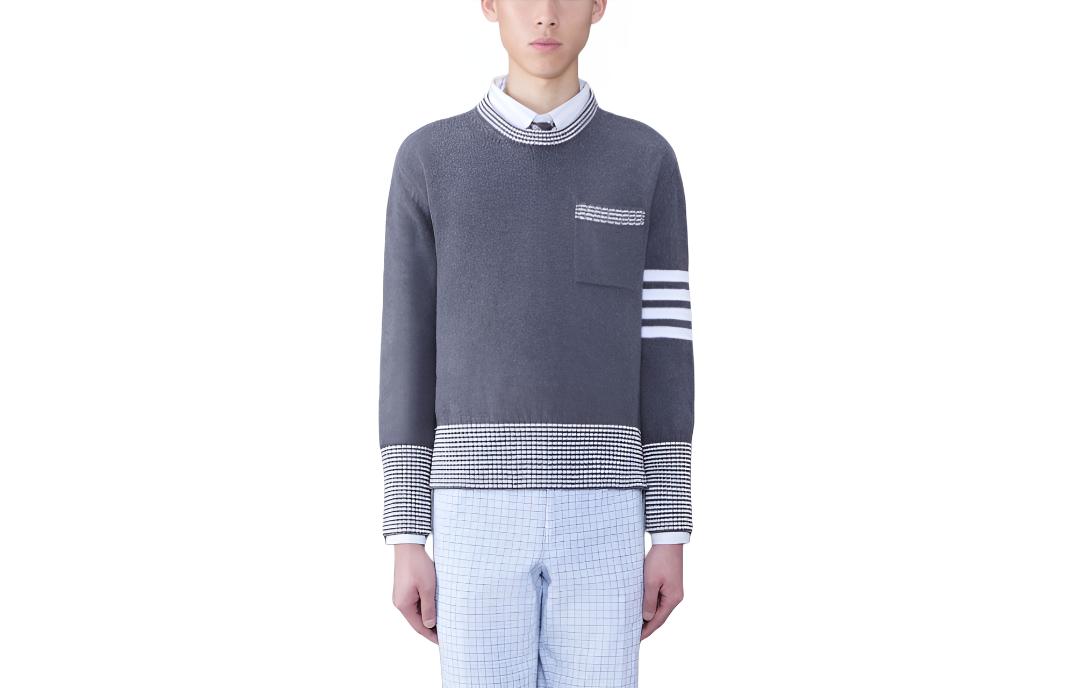 THOM BROWNE  Grey Cotton Hector Pullover Striped Animal Knit Sweater. MKA495A-Y3017-035