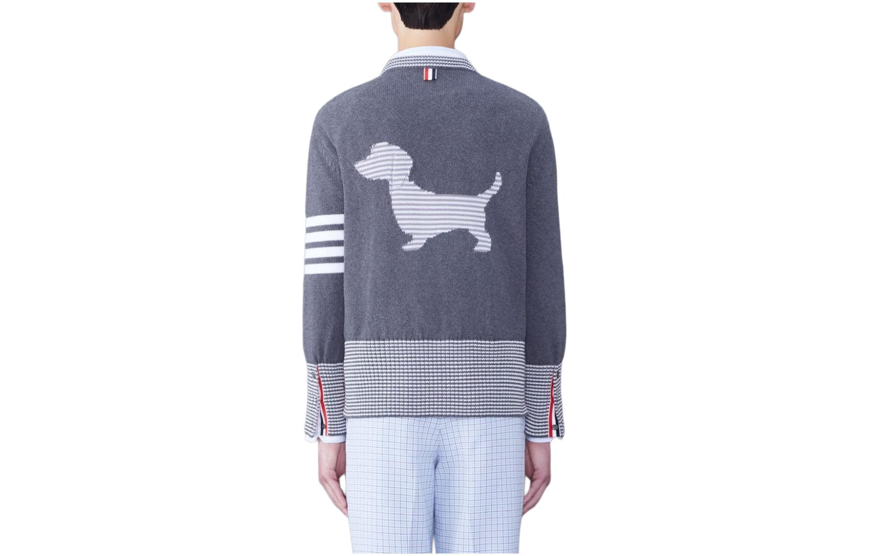 Lookbook THOM BROWNE  Grey Cotton Hector Pullover Striped Animal Knit Sweater. MKA495A-Y3017-035