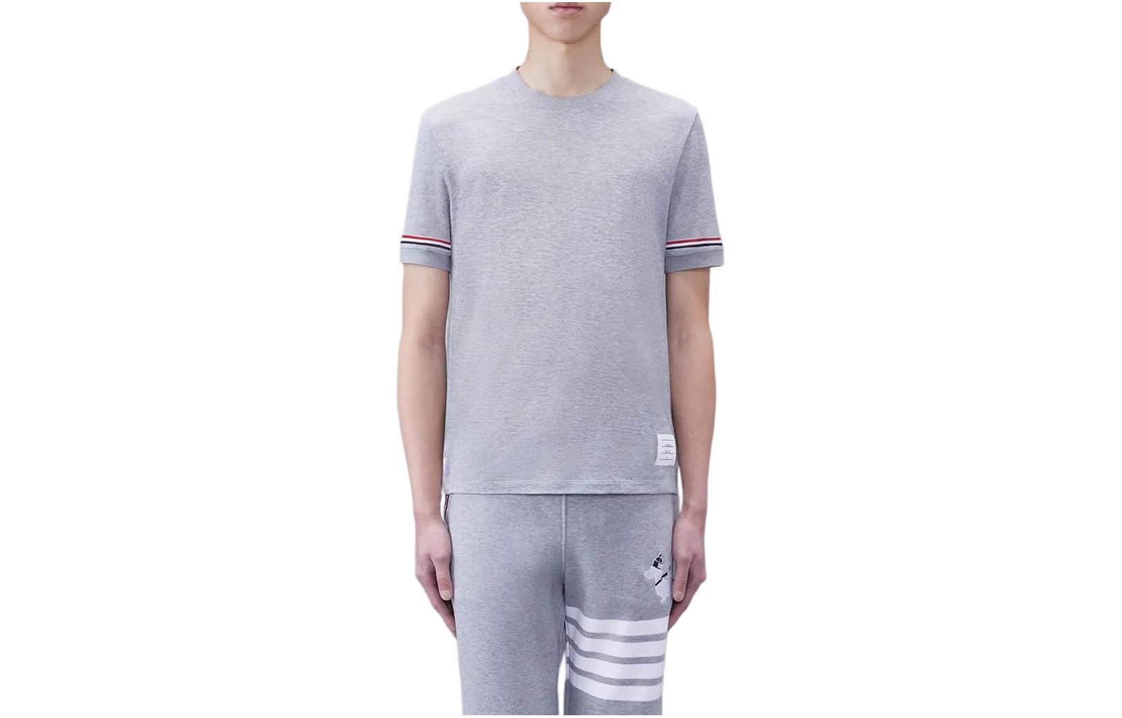Thom Browne  Grey Crewneck T-Shirt with Sleeve Stripe Detail. MJS247A-J0129-035