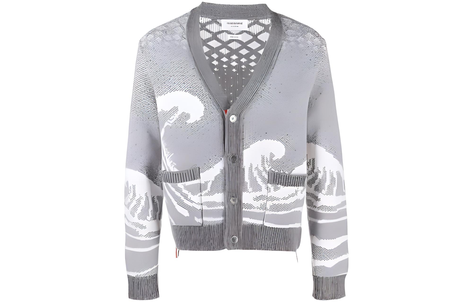 THOM BROWNE  Grey Geometric V-Neck Cardigan Knit Sweater MKC481A-Y1007-055