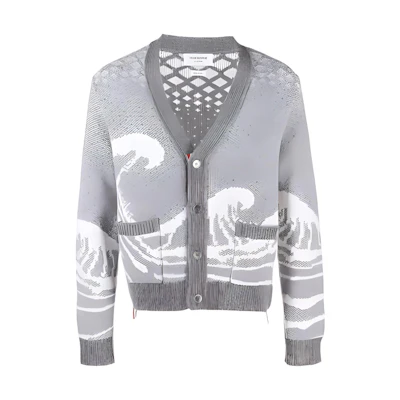 THOM BROWNE Grey Geometric V-Neck Cardigan Knit Sweater MKC481A-Y1007-055
