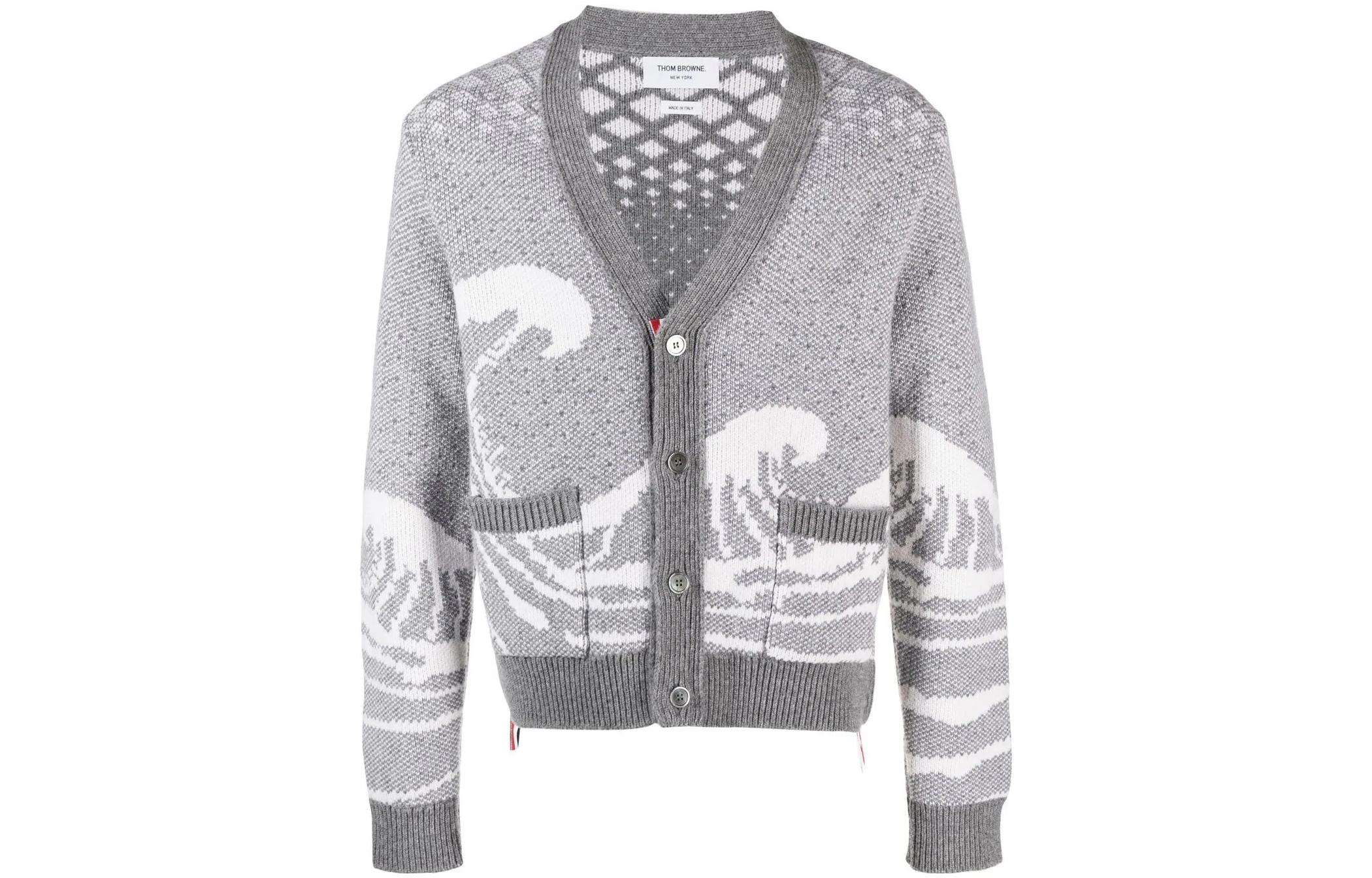 THOM BROWNE  Grey Geometric V-Neck Cardigan Knit Sweater MKC481A-Y1007-055 圖 2
