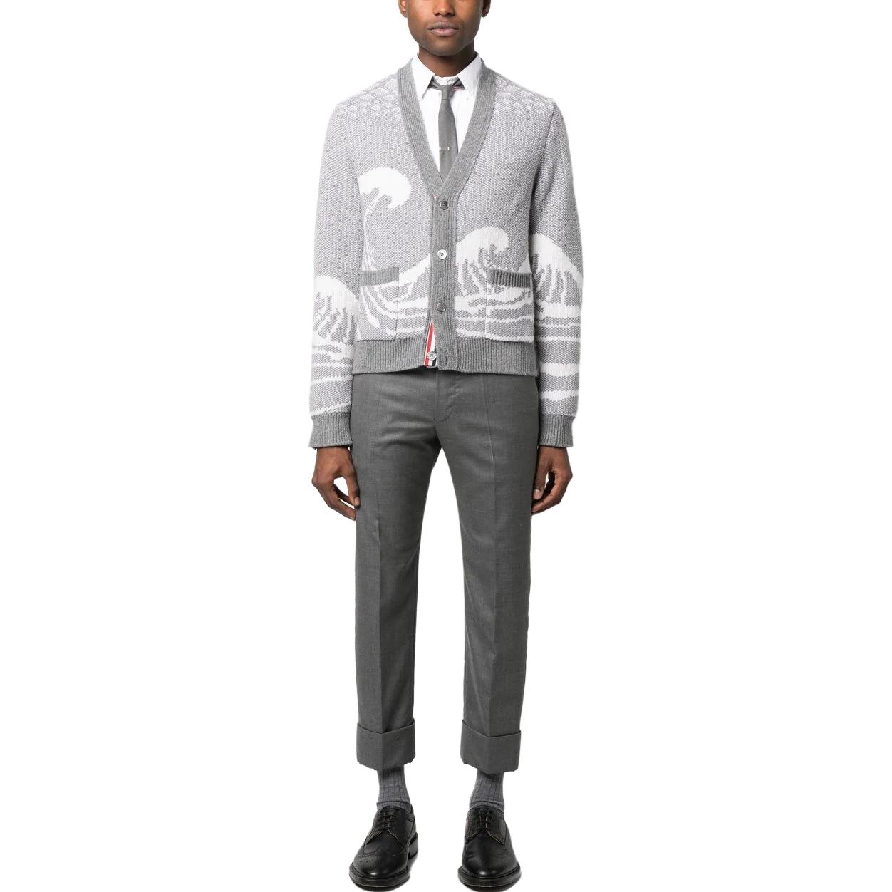 THOM BROWNE  Grey Geometric V-Neck Cardigan Knit Sweater MKC481A-Y1007-055 圖 3
