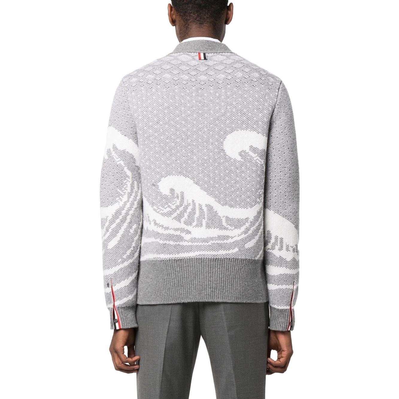 THOM BROWNE  Grey Geometric V-Neck Cardigan Knit Sweater MKC481A-Y1007-055 圖 4