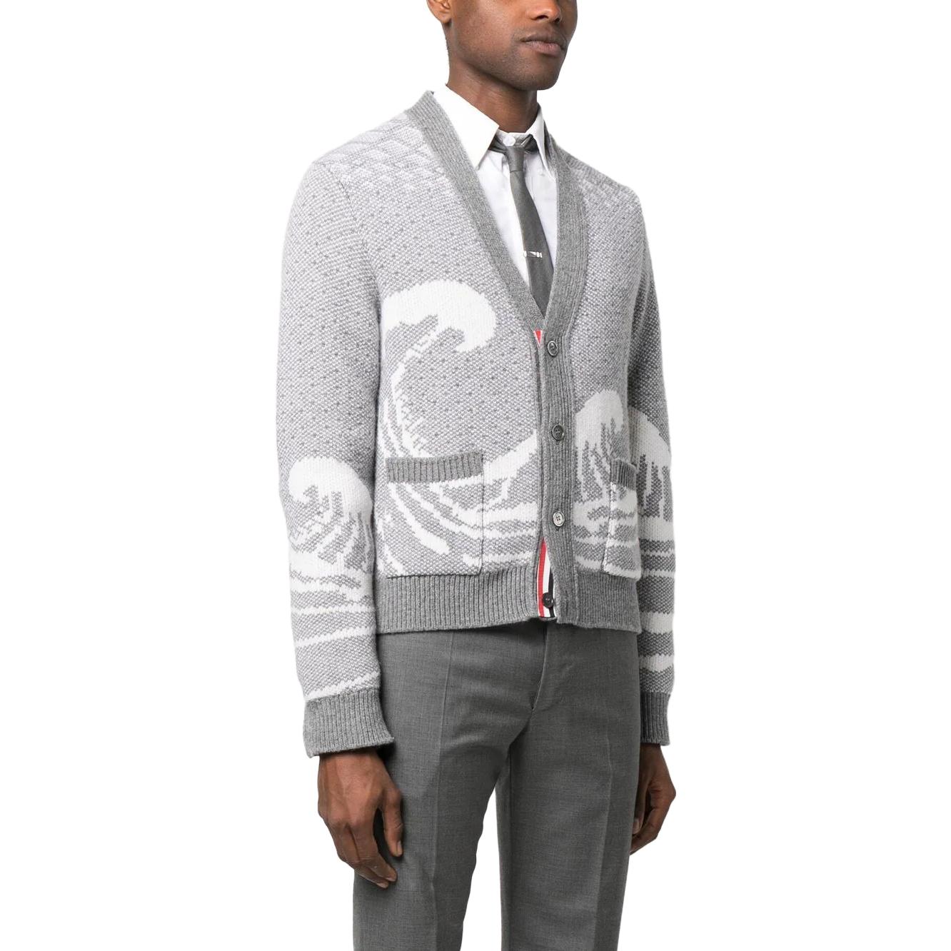 THOM BROWNE  Grey Geometric V-Neck Cardigan Knit Sweater MKC481A-Y1007-055 圖 5