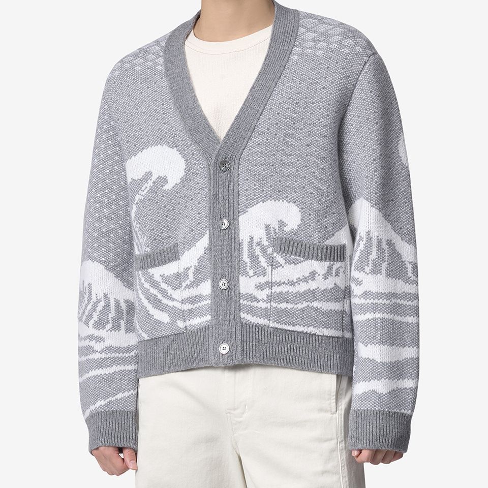 THOM BROWNE  Grey Geometric V-Neck Cardigan Knit Sweater MKC481A-Y1007-055 圖 6