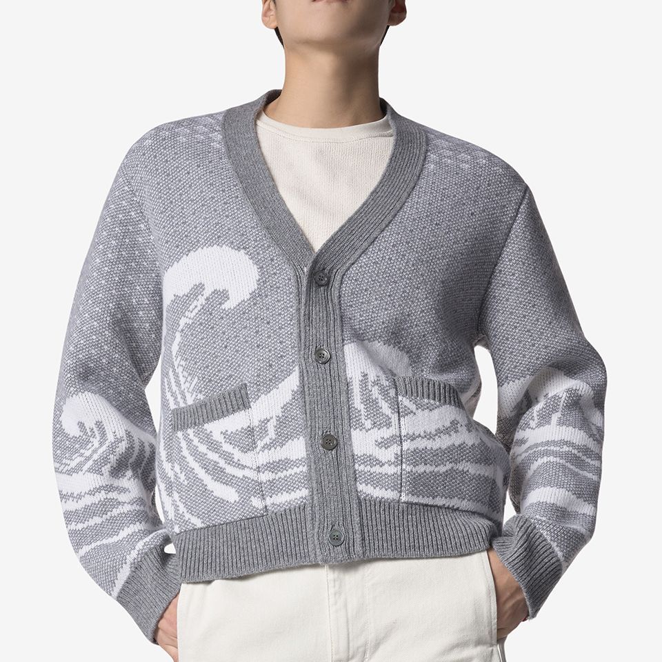 THOM BROWNE  Grey Geometric V-Neck Cardigan Knit Sweater MKC481A-Y1007-055 圖 7