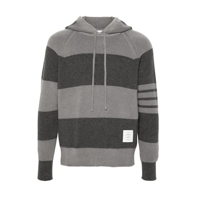 THOM BROWNE Grey Knit Hoodie with Striped Patchwork Design MKA513A-Y2011-982