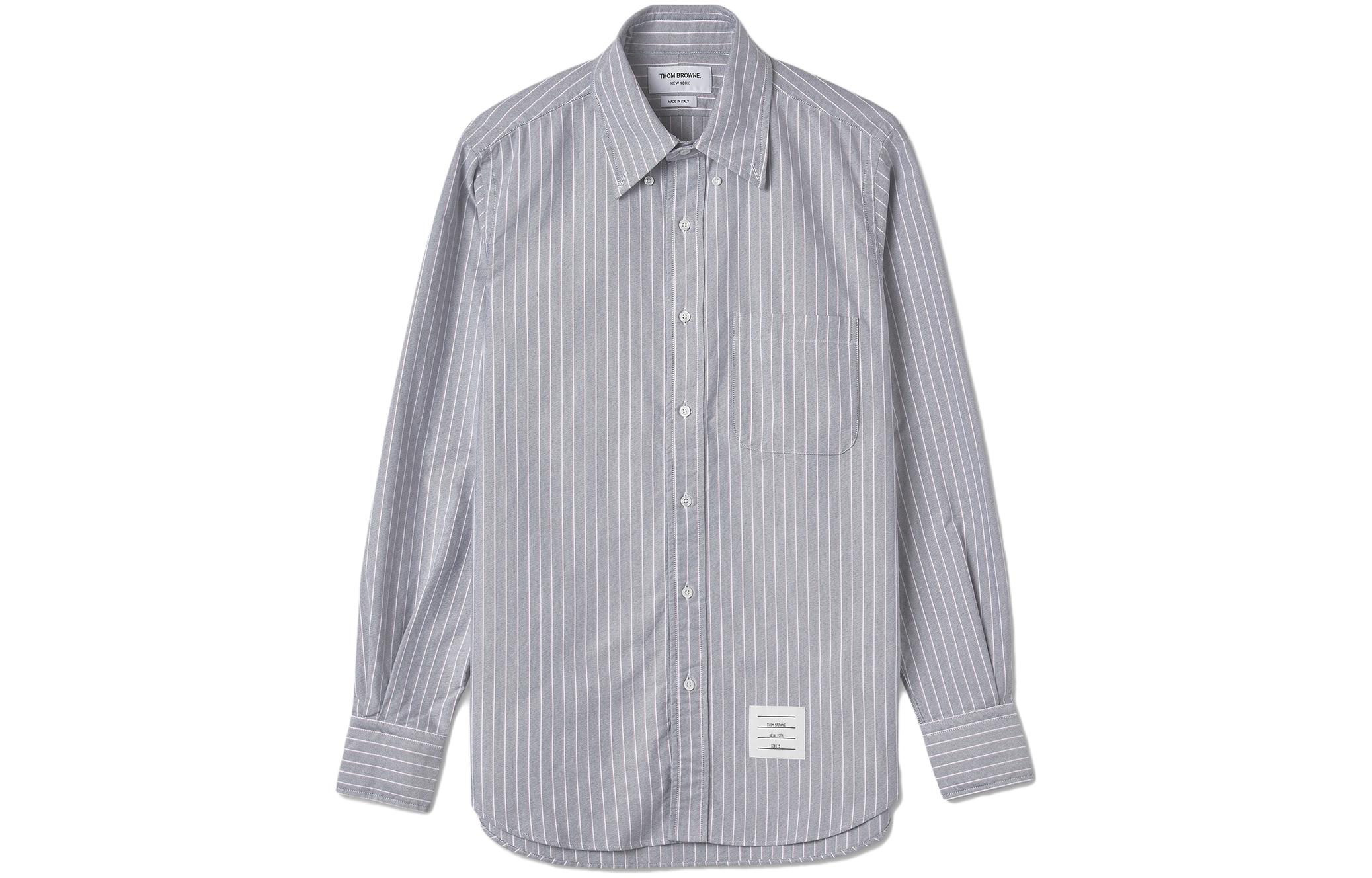 THOM BROWNE  Grey Loose Fit Striped Button-Down Long Sleeve Shirt. MWL272A-F0013-415
