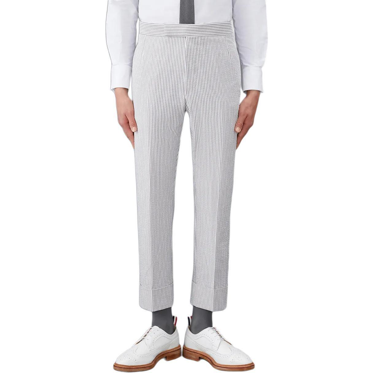 Order Thom Browne  Grey Mid-Rise Slim Fit Casual Pants with Turn-Up Stripes. MTC001H-00572-035
