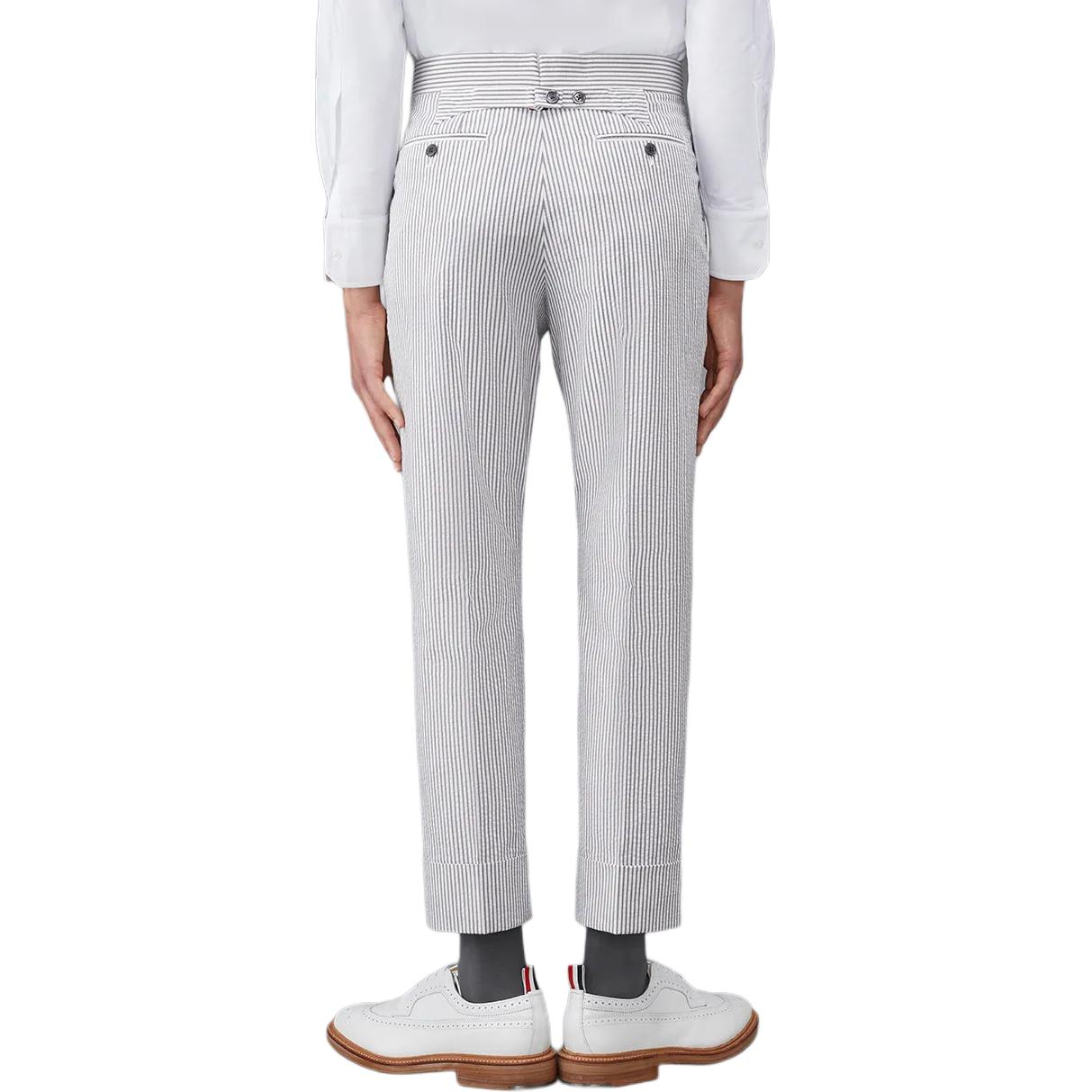 Shop Thom Browne  Grey Mid-Rise Slim Fit Casual Pants with Turn-Up Stripes. MTC001H-00572-035