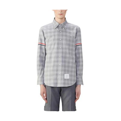 Thom Browne Grey Plaid Button-Up Casual Long Sleeve Shirt. MWL301O-F0350-035
