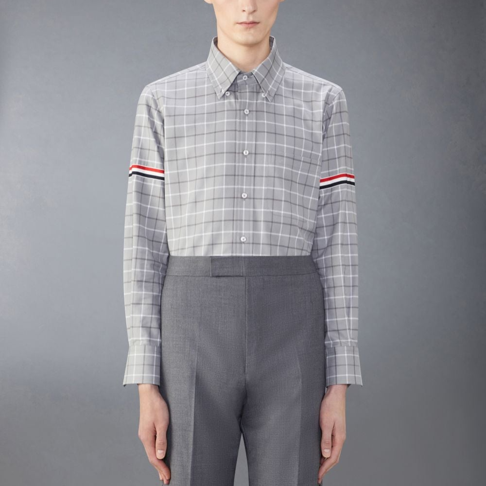 Shop Thom Browne 灰色格紋長袖休閒襯衫 MWL301O-F0350-035